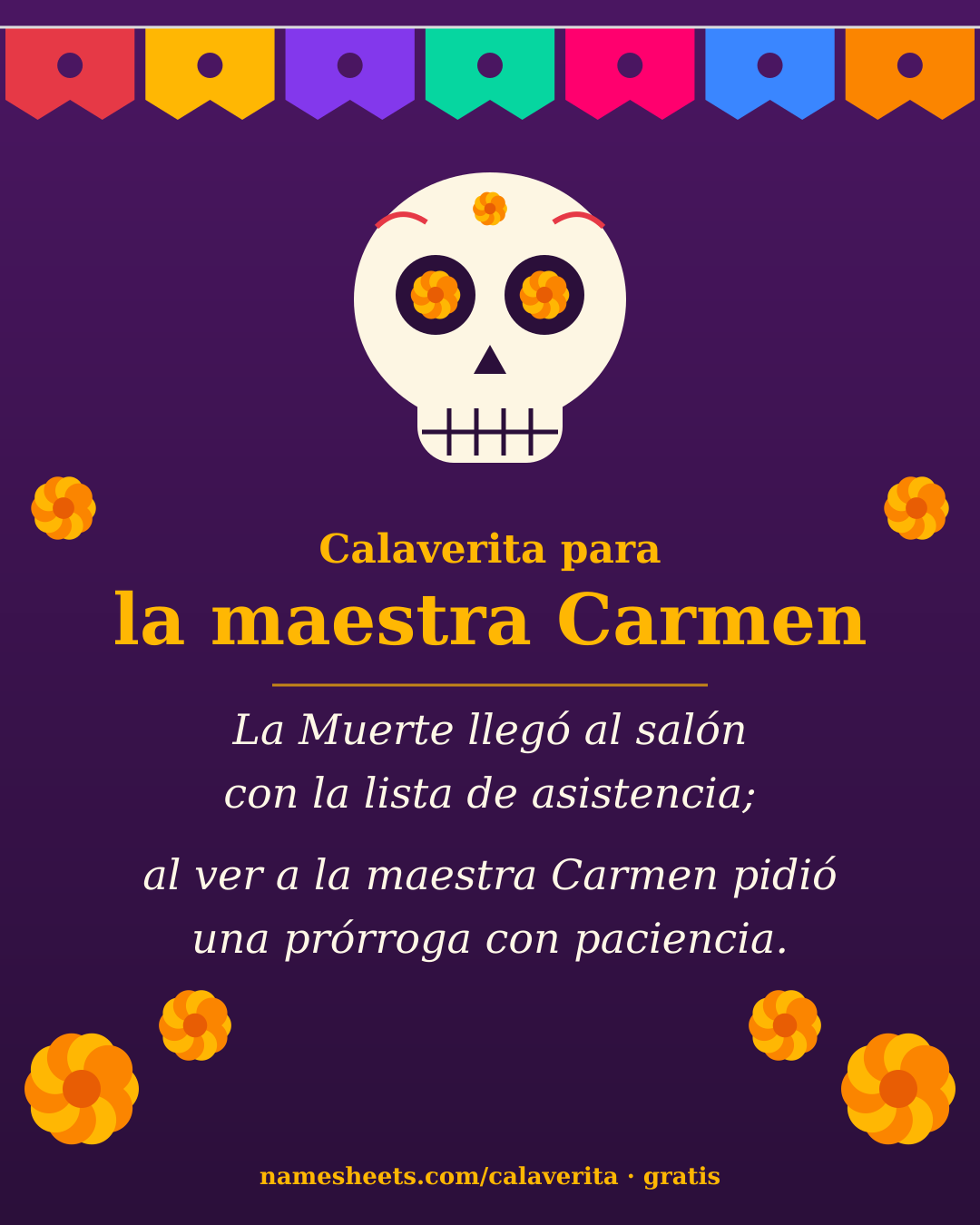 Calaverita literaria de ejemplo: calavera con flores de cempasúchil y un verso con rima