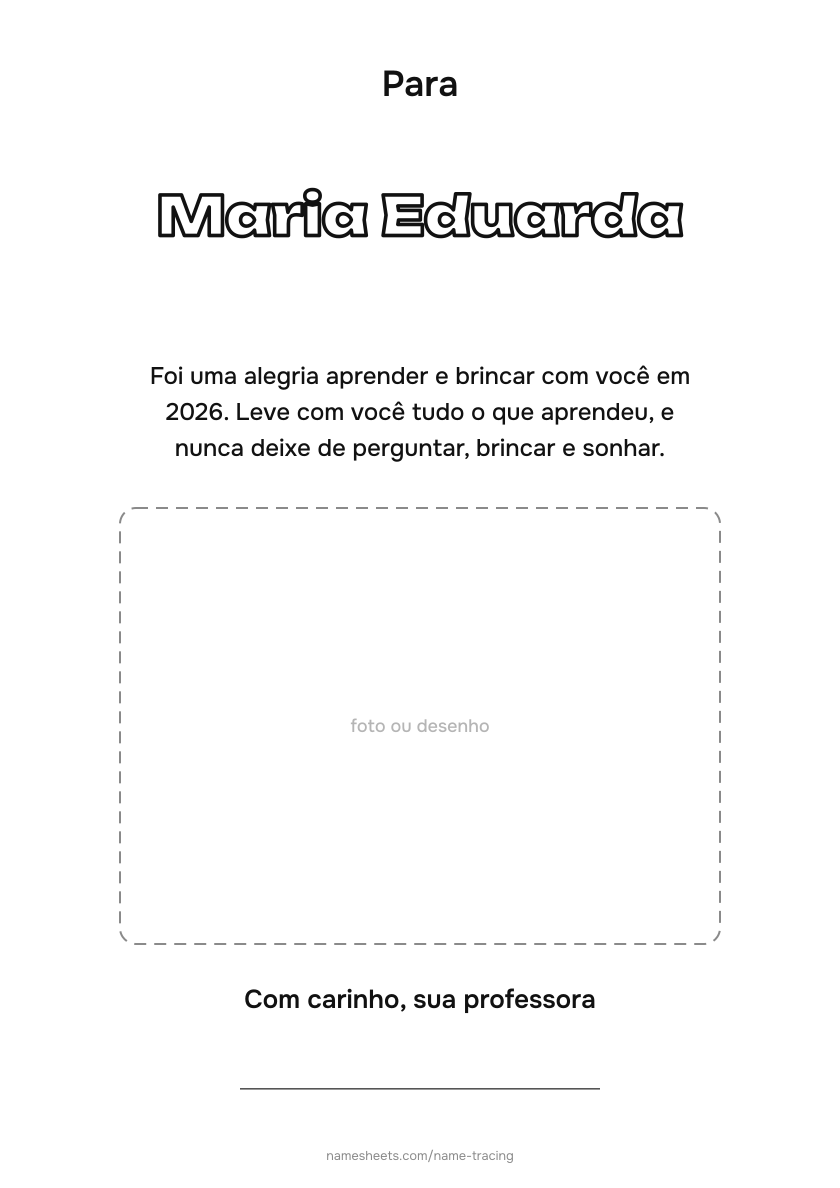 Cartinha da professora para cada aluno